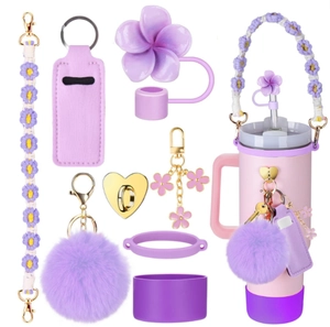 Set de accesorios morados para vasos con cordón de margarita y portalabiales
