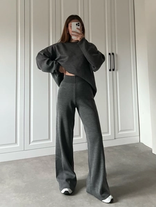 Women dark grey knit loungewear set with oversized sweater and high waist pants