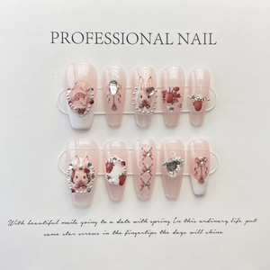 Handmade Press On Nails Long Ballerina Coffin Rabbit Strawberry Heart Rhinestone French Style Fake Nails For Women