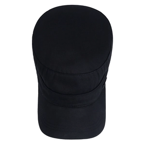 Classic black men's cotton flat top cadet cap with adjustable back and breathable metal eyelets