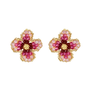 Elegant 925 silver needle floral pearl earrings with pink gradient gemstones in gold finish
