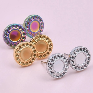 Polished round 304 stainless steel stud earrings in rainbow, gold, and silver finishes