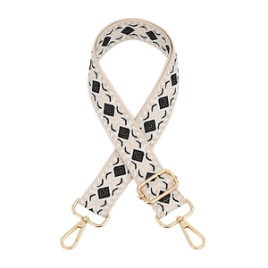 Adjustable jacquard bag strap with black and white diamond patterns and gold metal clips
