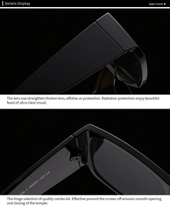 Detailed close-up of premium black square sunglasses showing hinges and arm specifications