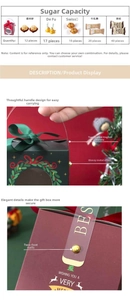Detail of festive Christmas candy boxes showing capacity for various chocolates and candies