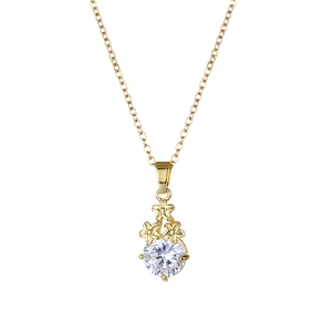Gold stainless steel floral pendant necklace with zircon flower and water drop accents