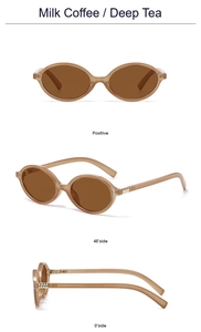 Detail view showing front and side angles of milk tea oval sunglasses with metal rivets