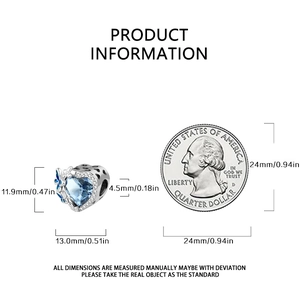 Detailed size specifications for heart charm featuring blue gemstone and hollow design