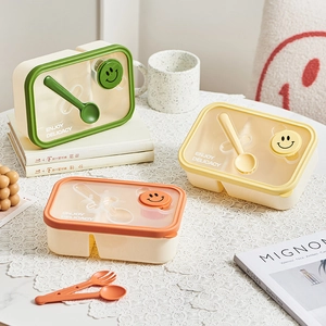 Portable Bento Lunch Box Plastic Compartment Microwave Safe Sealed With Spoon Sauce Cup School Office Picnic Cute Cartoon Smile