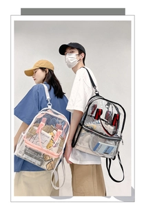 Detailed view of large capacity transparent PVC backpacks with pink and black trim details