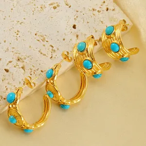 Orecchini A Cerchio A C Con Turchese Acciaio Inossidabile Placcato Oro 18K Texture Raggi Di Sole Stile Bohémien Vintage