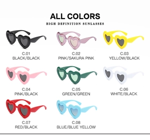 Detailed grid view of eight colorful heart-shaped polarized sunglasses in all colors
