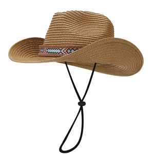 Bohemian woven straw cowboy hat with ethnic geometric band and adjustable chin strap