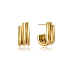 Elegant gold titanium steel U-shaped earrings with three parallel lines design on white background