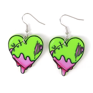 Exaggerated zombie heart earrings with vibrant neon green and pink melting design