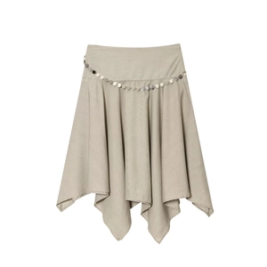 Jupe Midi Asymétrique À Rayures Kaki Pour Femmes Avec Ceinture Chaîne En Métal Polyester Taille Haute Streetwear
