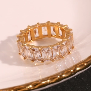 Macro view of 18K gold plated ring featuring micro-pave square cubic zirconia stones