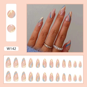 Blue and pink wavy almond press-on nails with golden glitter ribbons and 24pc set