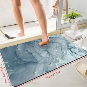 Detail showing marble texture bath mat with anti-slip bottom and 50x80cm dimensions