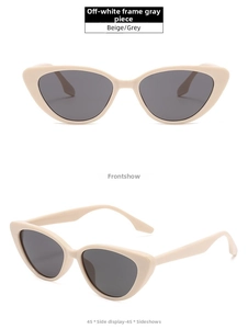 Front and 45-degree angle views of beige cat-eye sunglasses with dark grey lenses