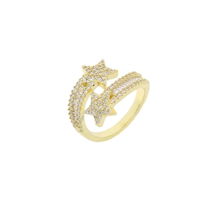 Detail of gold-plated open star ring featuring micro-pave cubic zirconia and sparkling accents