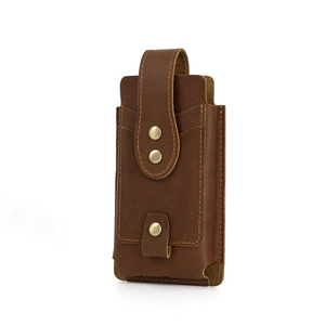 Detailed view of dark brown crazy horse leather belt pouch with metal snap closure