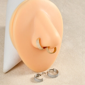 Three-layer clear zircon paved stainless steel nose rings in gold and silver finish