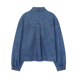 Vue arrière d'une chemise en jean bleue avec empiècement au dos et pli plat central chic