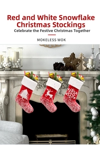 Three red Christmas stockings with tree and reindeer patterns hanging on a fireplace
