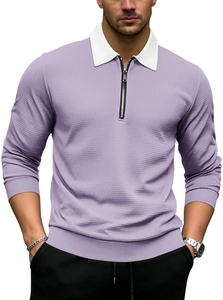 Detailed close-up of textured waffle knit fabric and silver zipper on men's lavender polo