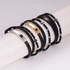 Men Multi Layer Bracelet Stainless Steel Magnetic Clasp Braided Leather Stone Beads Cross Pendant Punk Fashion