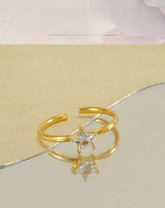 Macro shot of 18K gold plated stainless steel star ring with clear zircon and reflection