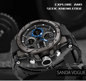 Close-up of SANDA waterproof sports watch with dual digital analog display in matte black