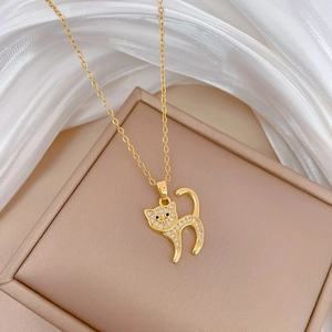 Elegant gold-plated cat pendant necklace with crystal zircons in a jewelry gift box