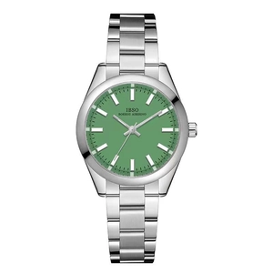 Classic silver stainless steel watch with a matte candy green dial and metal link strap