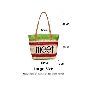 Detailed dimension guide for the large woven tote bag featuring color block design