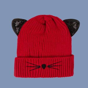 Cute red knitted cat ear hat for women with sequin details and embroidery for winter