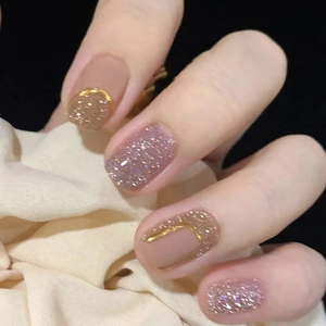 Short Square Press On Nails Nude Pink Glitter Purple Rhinestone French Tip Gold Line Starry Elegant Finish