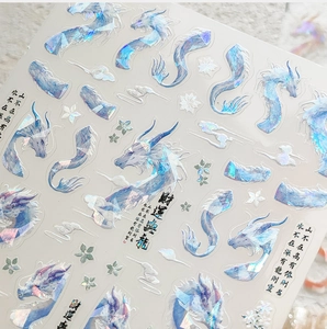 Macro view of Chinese dragon 5D nail stickers with holographic laser metallic finish