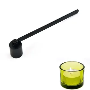 Matte black candle snuffer with pivoting head and long handle shown in detail