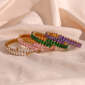 Luxury stainless steel open bracelet stack with marquise cut colorful zircons on silk
