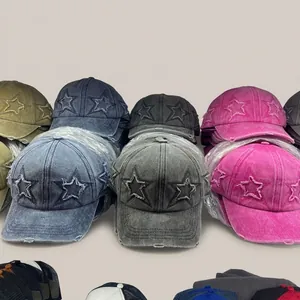 Vintage Washed Distressed Baseball Cap Star Patch Embroidered Retro Street Style Adjustable Cotton Hat For Women Men