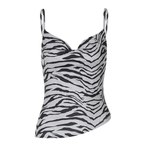 Detailed view of women's slim zebra print camisole with thin straps and draped neckline