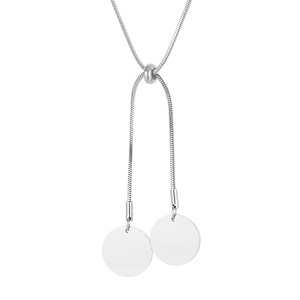 Silver stainless steel snake chain necklace with dual round pendant charms and slider