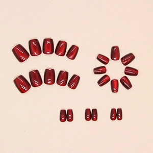 Detailed set of 24 pieces short wine red cat eye press-on nails with magnetic shimmer