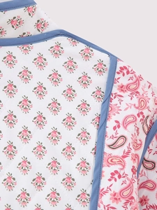Close-up of quilted floral jacket with pink paisley shoulder detail and blue piping