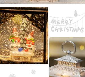 Close-up of vintage Christmas lantern with snowman scene, LED light, and auto-snow feature