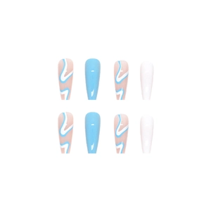 Long ballet press-on nails set featuring blue, white, and wavy patterns for summer style