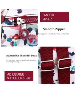 Detail of floral nylon backpack featuring smooth burgundy zipper and adjustable shoulder strap