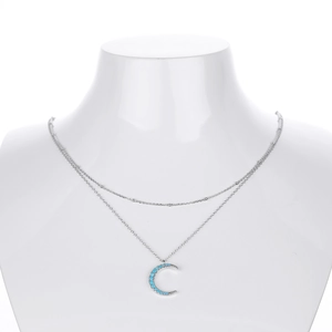 Double-layer S925 silver necklace with crescent moon pendant inlaid with blue stones